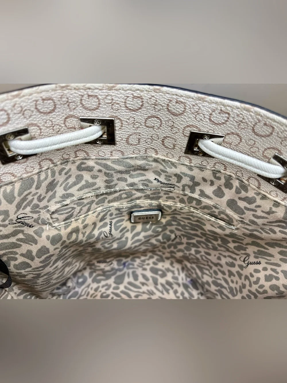 Guess Small Crossbody Bucket Bag, Monogram, Signature, Ivory, Coated, Adjustable